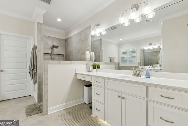 bathroom with a tile shower, crown molding, tile patterned floors, and vanity