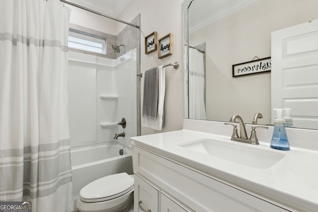 full bathroom featuring toilet, vanity, ornamental molding, and shower / tub combo with curtain