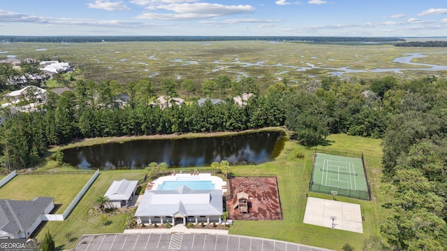 drone / aerial view featuring a water view