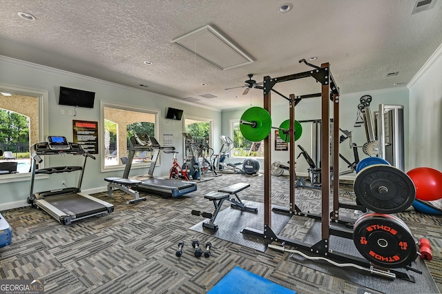 exercise room with a textured ceiling and ornamental molding