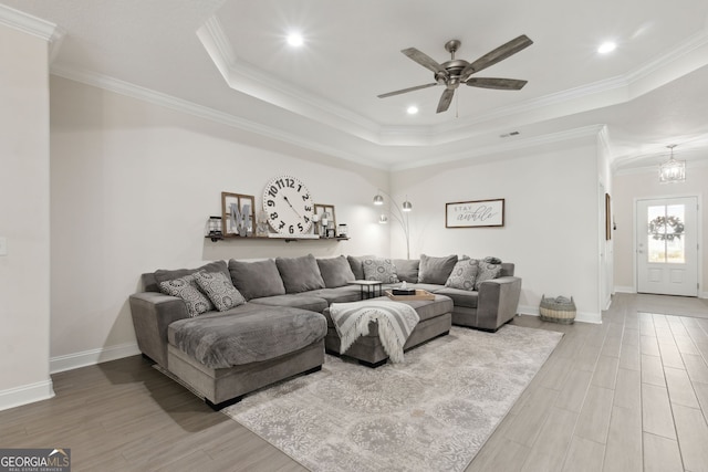 living room with crown molding and a raised ceiling