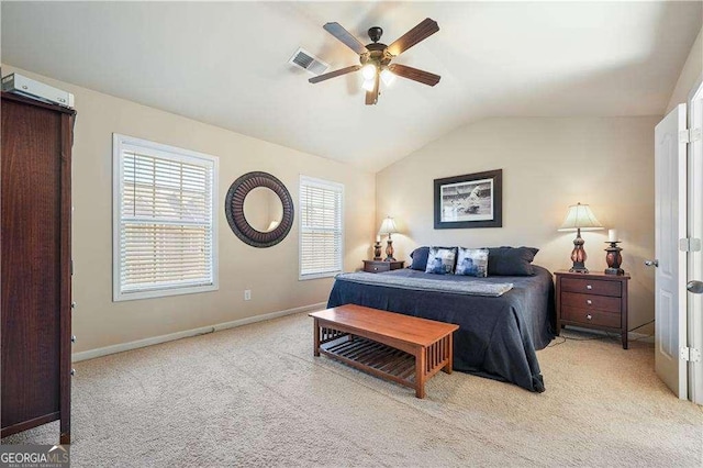 carpeted bedroom featuring ceiling fan and lofted ceiling