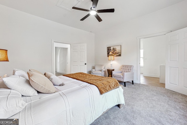 carpeted bedroom with ceiling fan