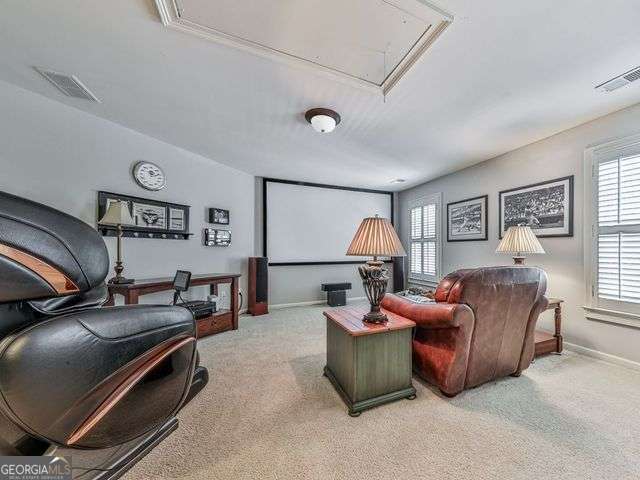 cinema room featuring light colored carpet and plenty of natural light