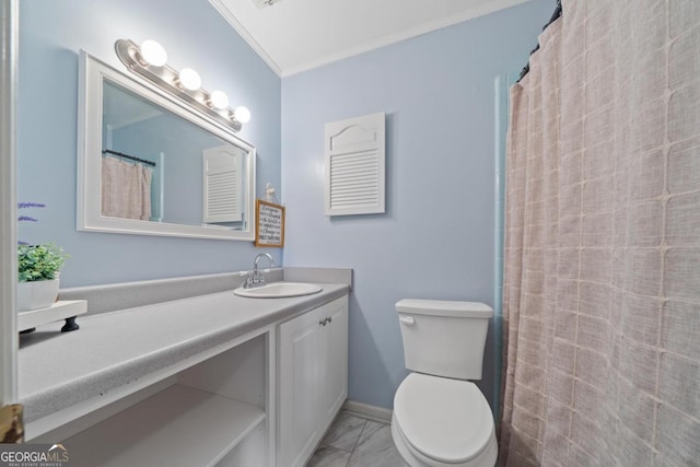 bathroom with toilet, ornamental molding, walk in shower, and vanity