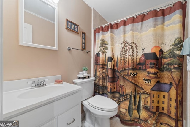 bathroom featuring tile patterned floors, toilet, vanity, and a shower with curtain