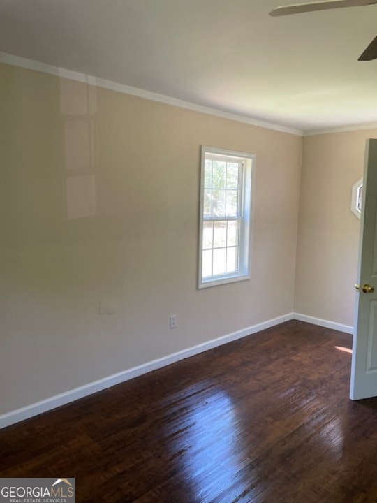 unfurnished room featuring ceiling fan, dark hardwood / wood-style floors, and crown molding