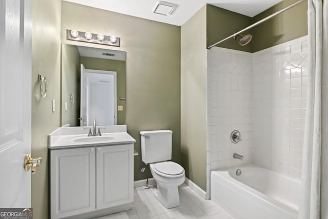 full bath featuring vanity, toilet, tile patterned floors, shower / bathtub combination with curtain, and visible vents