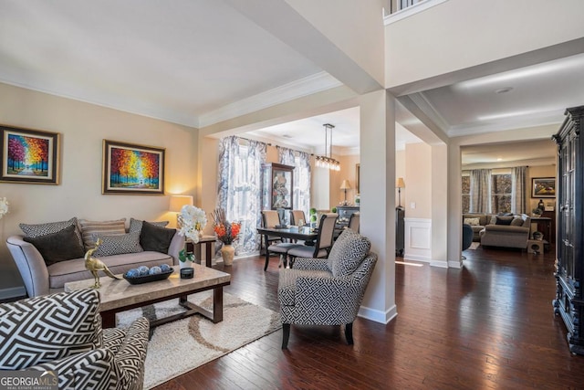 living room featuring dark hardwood / wood-style flooring, crown molding, and an inviting chandelier