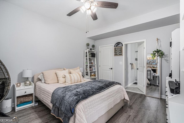 bedroom featuring ceiling fan and dark hardwood / wood-style flooring