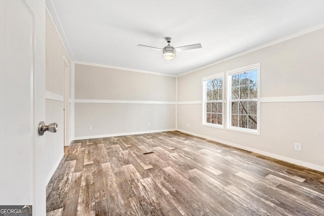 unfurnished room with ceiling fan, crown molding, and hardwood / wood-style flooring