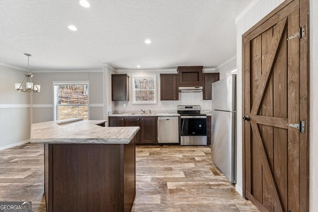 kitchen with pendant lighting, appliances with stainless steel finishes, dark brown cabinetry, light wood-type flooring, and crown molding