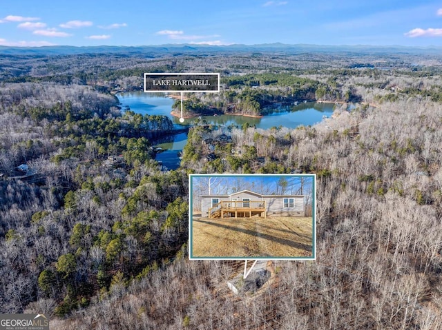 drone / aerial view featuring a water and mountain view