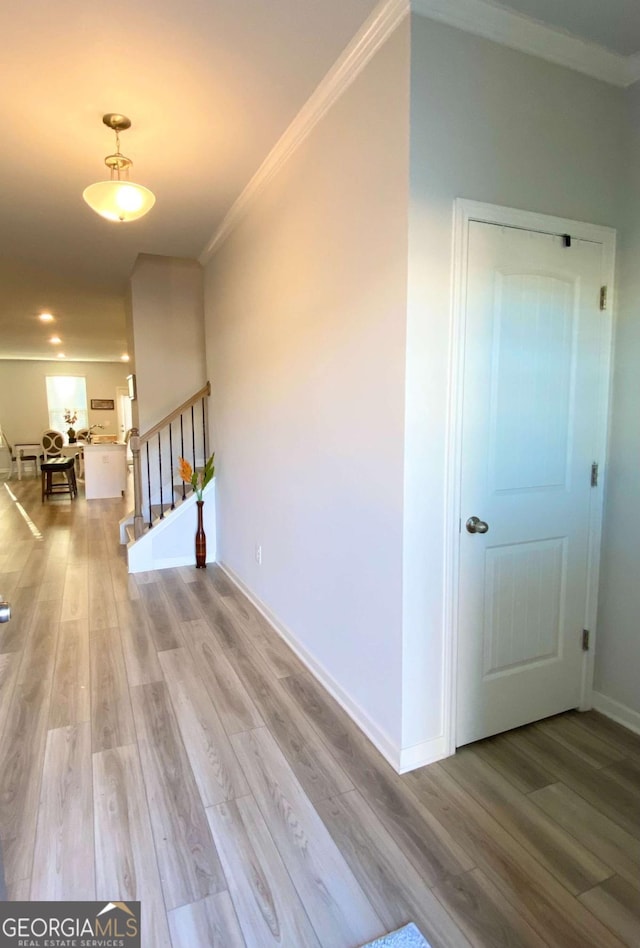 corridor featuring ornamental molding and light wood-type flooring