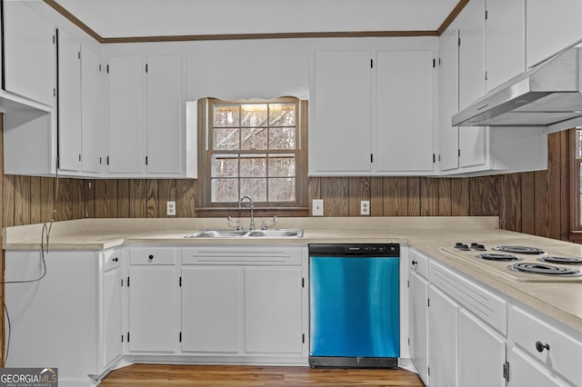 kitchen featuring dishwashing machine, sink, white electric stovetop, and white cabinets