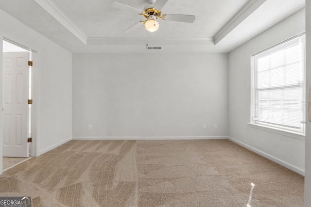 carpeted spare room featuring crown molding, a healthy amount of sunlight, a tray ceiling, and ceiling fan