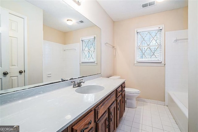 full bathroom with toilet, tile patterned flooring, vanity, and shower / bathing tub combination