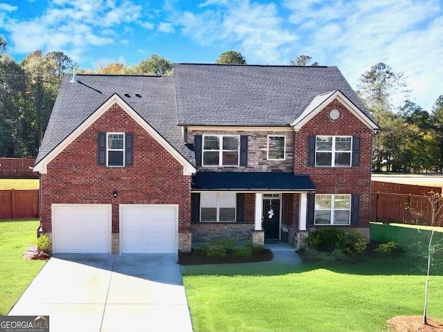 view of front of property with a front yard and a garage