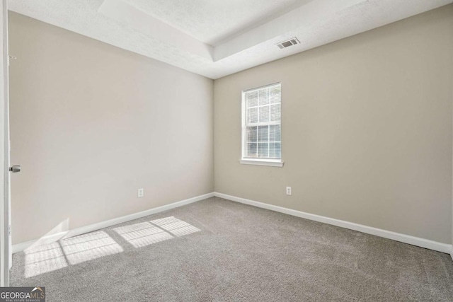 carpeted empty room featuring a tray ceiling