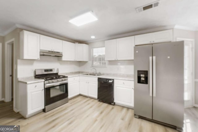 kitchen featuring white cabinets, appliances with stainless steel finishes, sink, and light hardwood / wood-style flooring