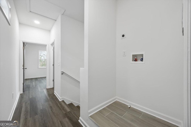 550 Paines Ave NW, Atlanta, GA 30318 - washroom with attic access, hookup for a washing machine, electric dryer hookup, dark wood-type flooring, and recessed lighting