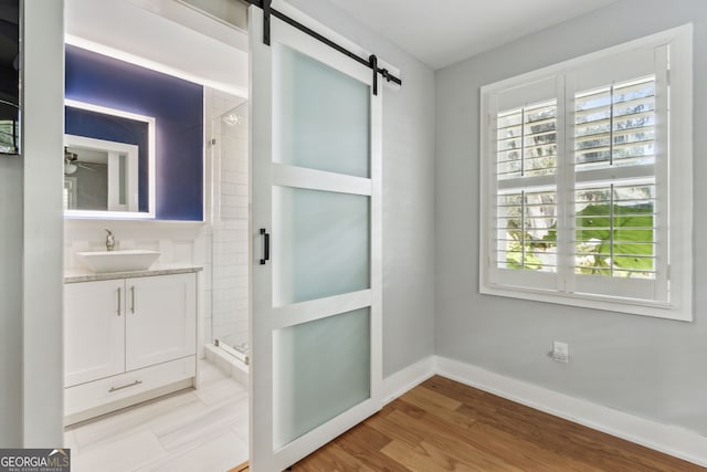 bathroom with walk in shower, vanity, and hardwood / wood-style flooring