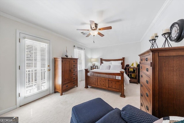 carpeted bedroom with ceiling fan, access to exterior, and crown molding