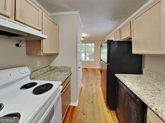 kitchen with light brown cabinets, light wood-type flooring, a textured ceiling, crown molding, and black appliances