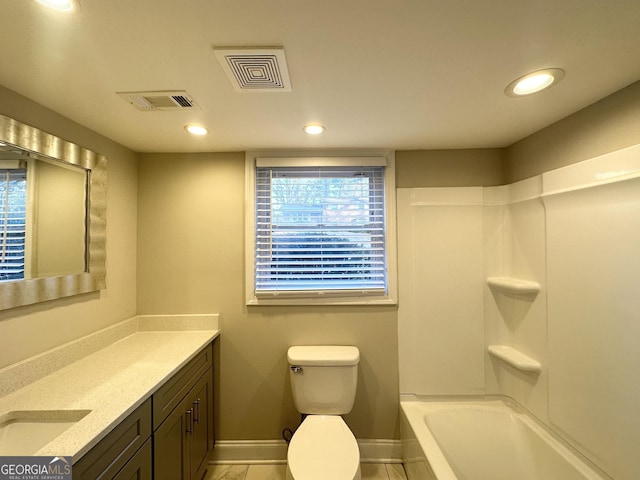 full bathroom with toilet, vanity, shower / bathtub combination, and tile patterned flooring