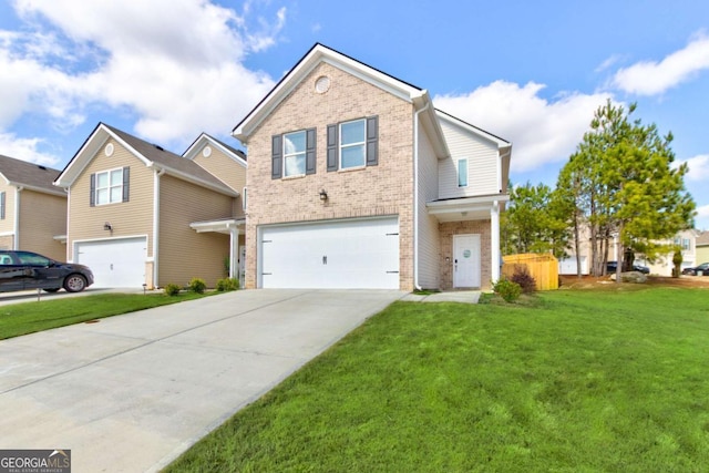 view of front facade with a front yard and a garage