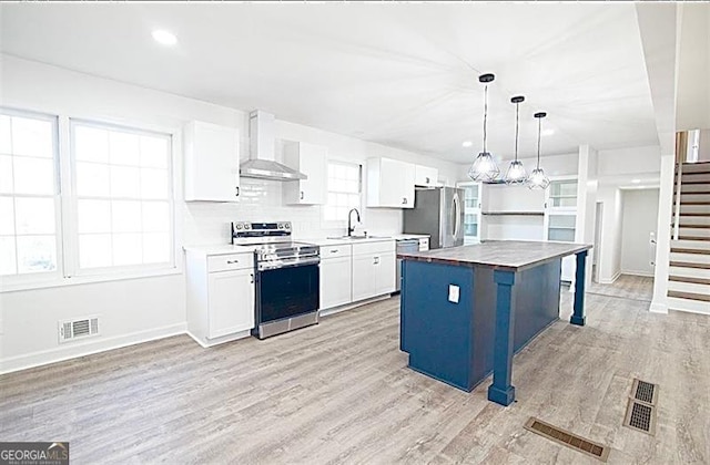 kitchen with stainless steel appliances, decorative light fixtures, wall chimney exhaust hood, white cabinets, and a center island