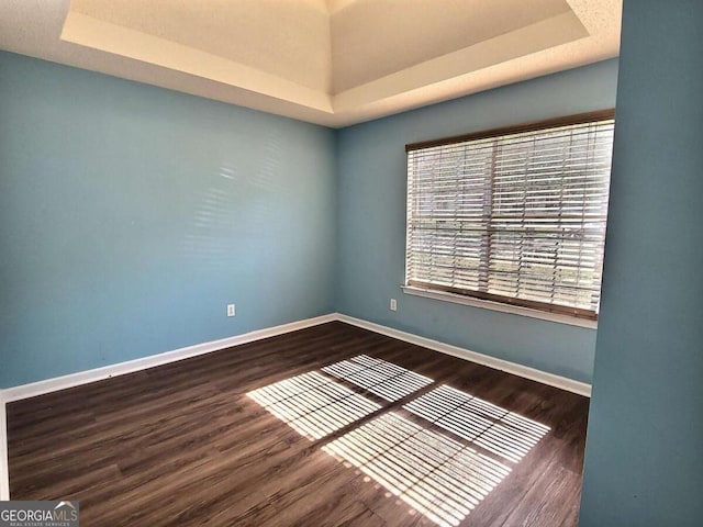 unfurnished room with a raised ceiling and dark hardwood / wood-style floors