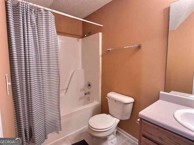 full bathroom with toilet, vanity, tile patterned flooring, shower / bathtub combination with curtain, and a textured ceiling