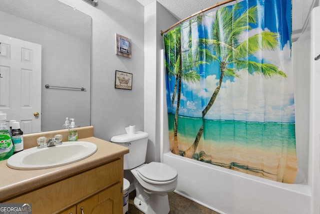 full bathroom featuring a textured ceiling, toilet, vanity, and shower / tub combo with curtain