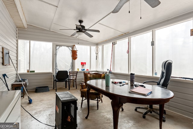 home office featuring ceiling fan and lofted ceiling