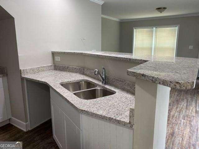 kitchen with light stone countertops, ornamental molding, dark hardwood / wood-style floors, and sink