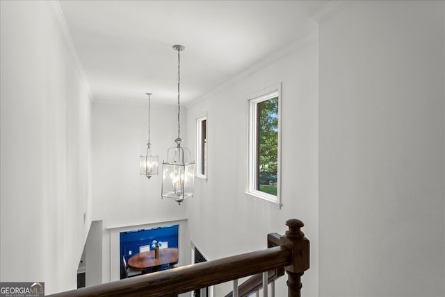 stairs with a notable chandelier and ornamental molding