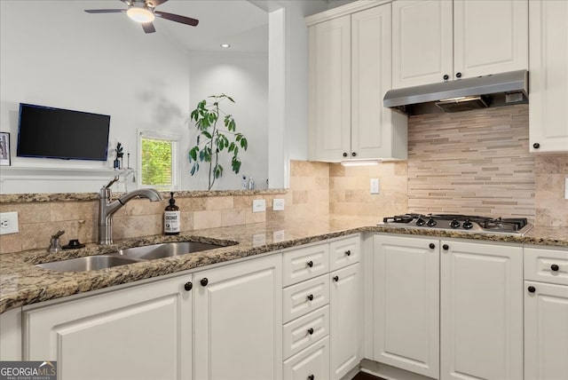 kitchen featuring tasteful backsplash, white cabinetry, sink, and light stone counters