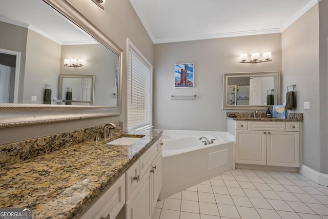 bathroom with tile patterned flooring, vanity, ornamental molding, and tiled bath