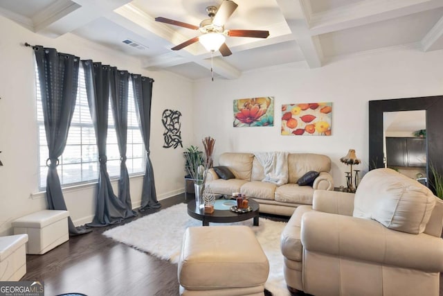 living room with coffered ceiling, dark hardwood / wood-style flooring, and beam ceiling