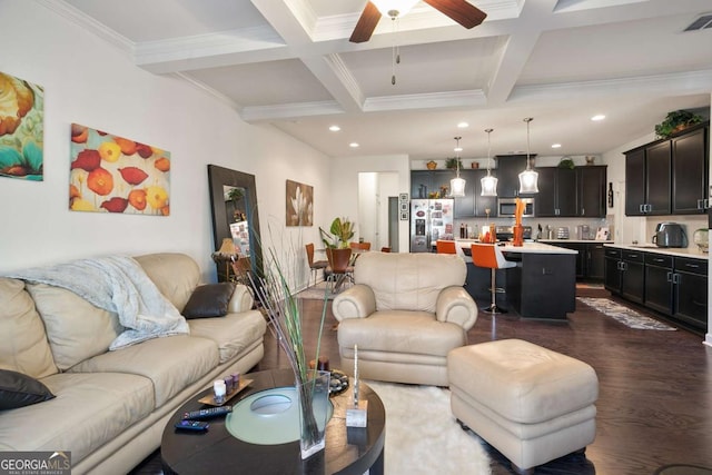 living room with coffered ceiling, ceiling fan, beam ceiling, and dark wood-type flooring