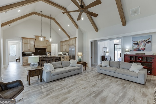 4621 Stanley Rd, Flowery Branch, GA 30542 - living room with high vaulted ceiling, a ceiling fan, light wood finished floors, recessed lighting, and plenty of natural light