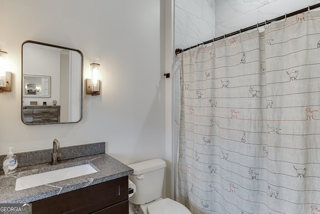 4621 Stanley Rd, Flowery Branch, GA 30542 - bathroom with toilet, vanity, and a shower with shower curtain