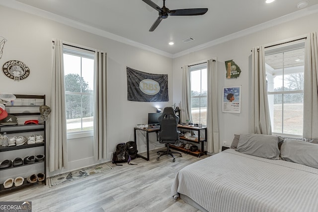 4621 Stanley Rd, Flowery Branch, GA 30542 - bedroom with wood finished floors, crown molding, a desk, baseboards, and a ceiling fan