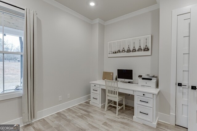 4621 Stanley Rd, Flowery Branch, GA 30542 - office area featuring crown molding, light wood-type flooring, baseboards, and recessed lighting