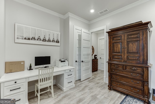 4621 Stanley Rd, Flowery Branch, GA 30542 - home office with light wood-style floors, crown molding, and recessed lighting