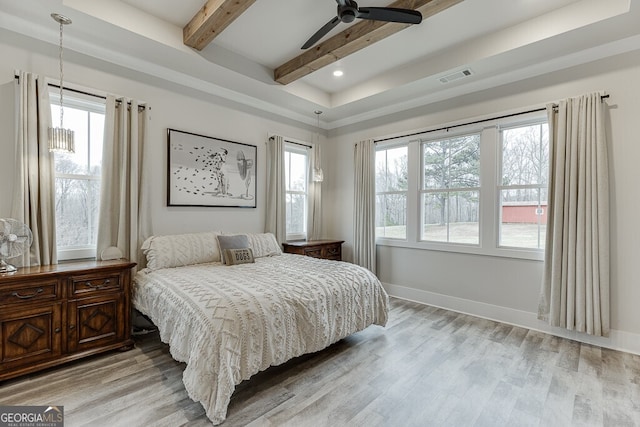 4621 Stanley Rd, Flowery Branch, GA 30542 - bedroom with beamed ceiling, light wood finished floors, baseboards, a ceiling fan, and recessed lighting