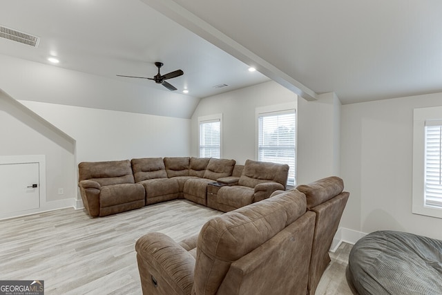 4621 Stanley Rd, Flowery Branch, GA 30542 - living room featuring vaulted ceiling, light wood finished floors, a ceiling fan, baseboards, and recessed lighting