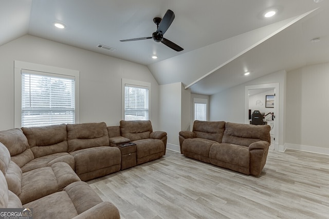 4621 Stanley Rd, Flowery Branch, GA 30542 - living room with vaulted ceiling, light wood-style flooring, ceiling fan, baseboards, and recessed lighting