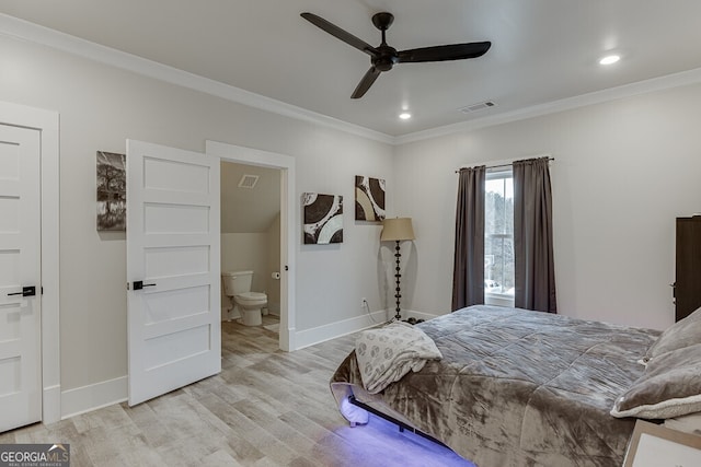 4621 Stanley Rd, Flowery Branch, GA 30542 - bedroom with ornamental molding, wood finished floors, baseboards, recessed lighting, and ensuite bath